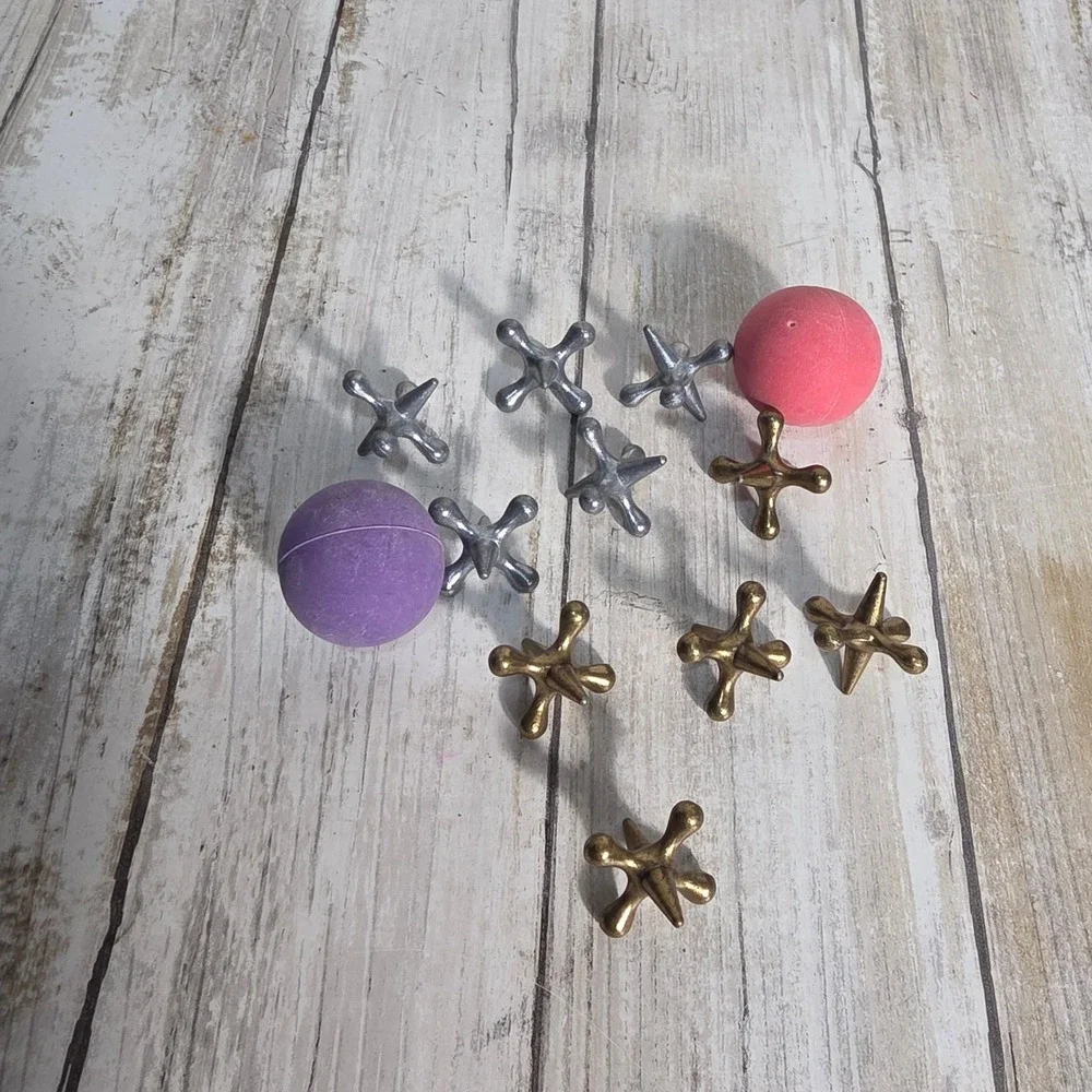 Vintage Style Metal Jacks Game 10 Gold Silver Jacks 2 Rubber Balls Pink Purple